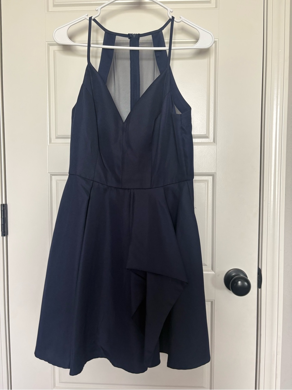Navy Lace-Back A-Line Dress with V-Neck